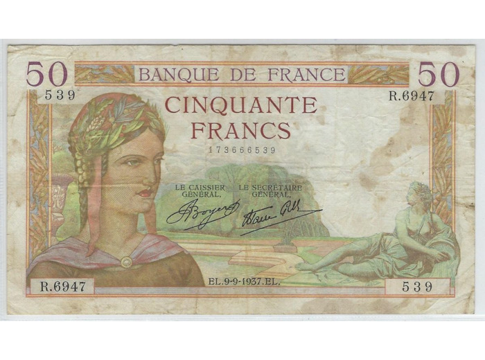 FRANCE 50 FRANCS CERES SERIE R.6947 9-9-1937 TB+