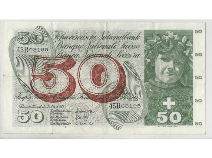 SUISSE 50 FRANCS FRANKEN 07 03 1973 SERIE 45 R 08195 TTB