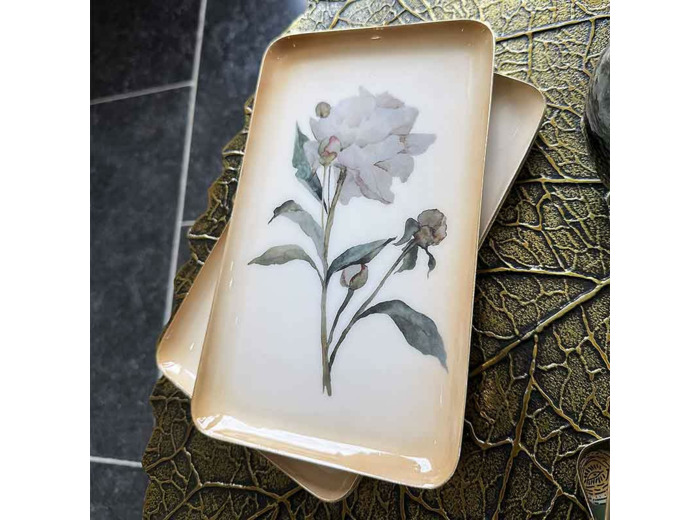 Plateau floral blanc crème métal 15x26x26cm