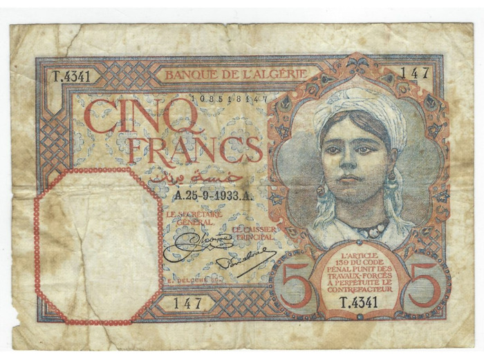 ALGERIE 5 FRANCS 11 04 1939 SERIE B 4651 TTB+