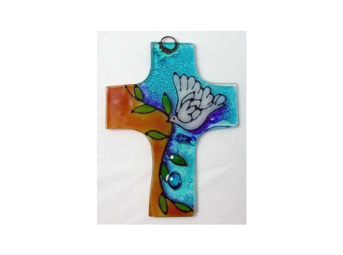 Croix en verre 8x12cm- COLOMBE à la BRANCHE- orange