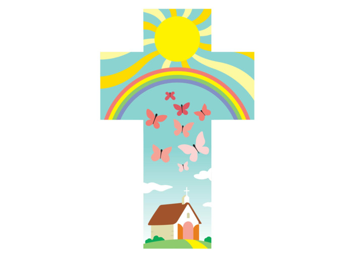 Croix Eglise Papillons Arc en ciel 14x9cm