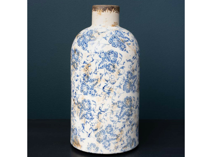 Vase Bouteille Bucolique Fleuri bleu blanc Grès 22x11cm