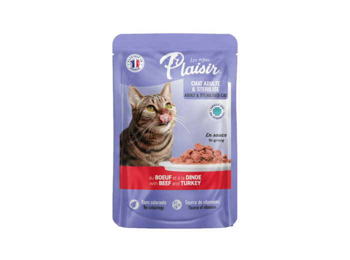 Repas Plaisir Chat, émincés au BOEUF et à la DINDE en sauce - 100g