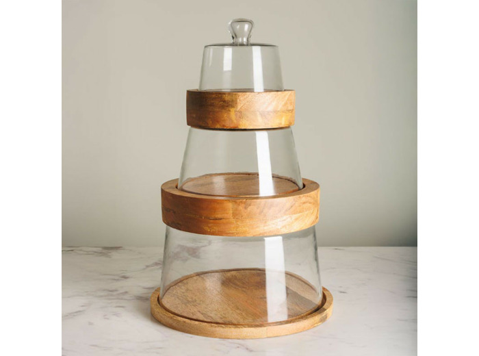 Ensemble 3 plateaux et cloches superposables verre et manguier 46x30x30cm