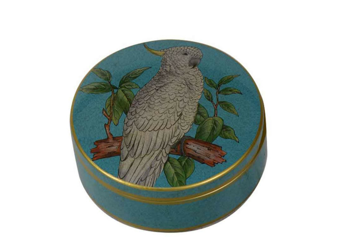 Boîte ronde céramique Parrots turquoise doré 18cm