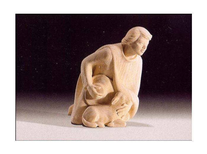 Berger à genoux avec chapeau et mouton 9 cm bois clair