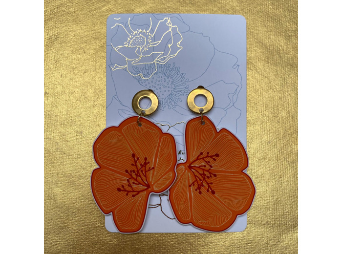 Boucles d'oreilles demi fleur asymétriques coloris orange dessin rouge