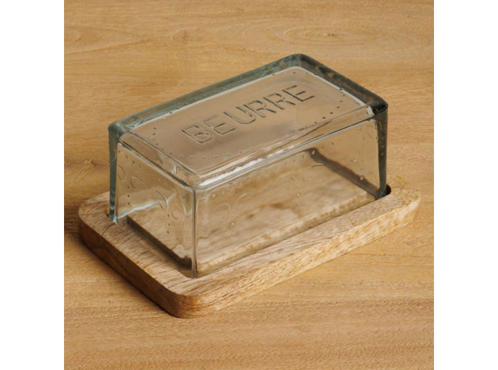 Beurrier verre base bois 11x17x8cm