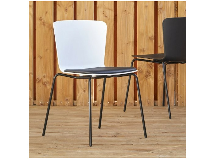 Chaise polypropylène CALLAS blanc avec coussin en tissu ecopelle noir, structure acier laqué noir