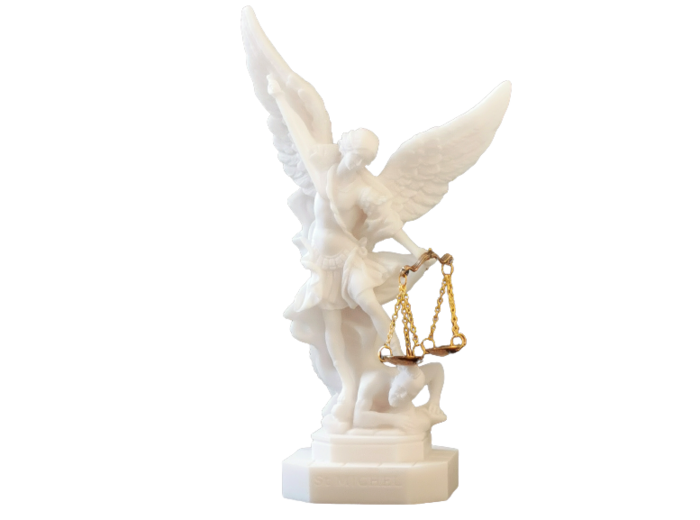 St Michel avec Balance - Statue en Albaster 20cm - Blanc
