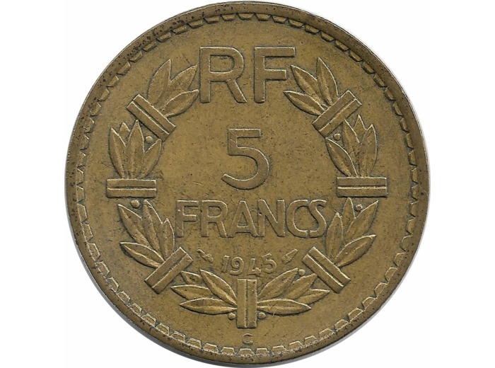 FRANCE 5 FRANCS LAVRILLIER CUPRO ALU 1945 C TTB