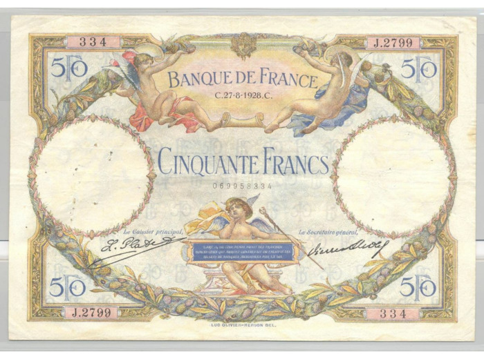 FRANCE 50 FRANCS L.O. MERSON SERIE J.2799 27-8-1928 TTB