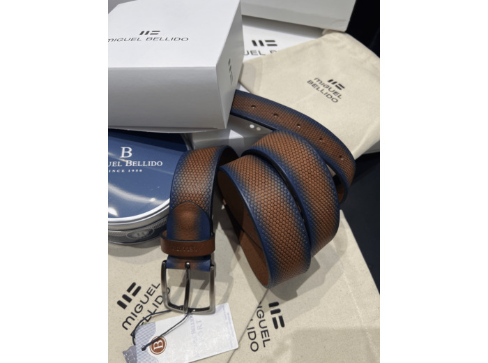 MB605 Ceinture homme cuir camel et bleu