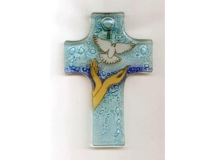 Croix en verre 8x12cm- MAINS + COLOMBE- BLEUE