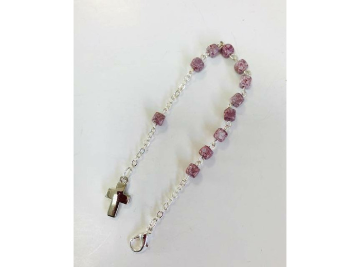 Dizainier en verre chaine argentée+ fermoir-grains carrés-CHINE MAUVE