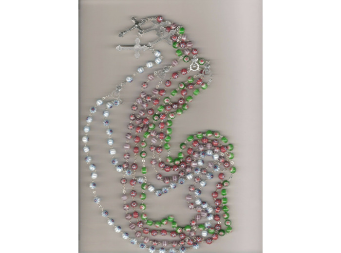 Chapelet argenté imitation Murano + croix christ- COULEURS ASSORTIES
