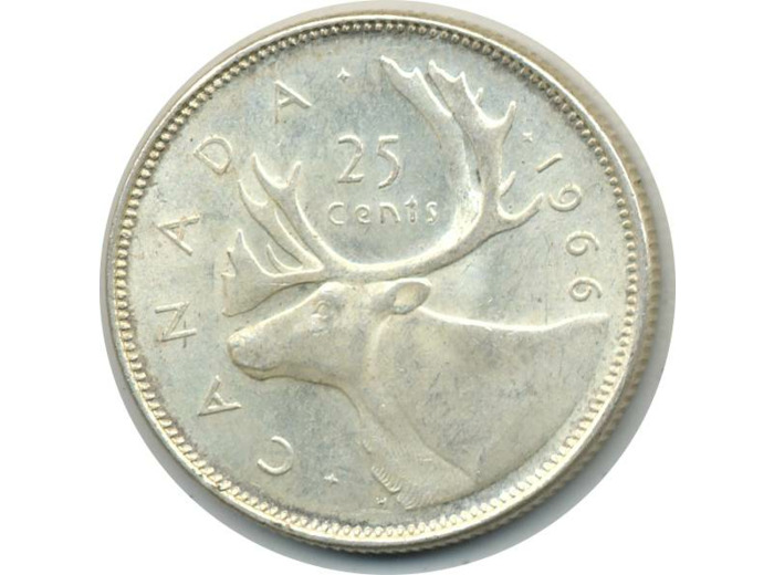 CANADA 25 CENTS ELISABETH II 1966 TTB+(W62)