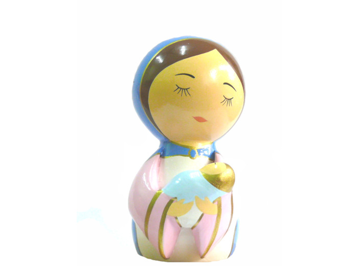Statue Marie et Jésus en bois tourné 10x5cm