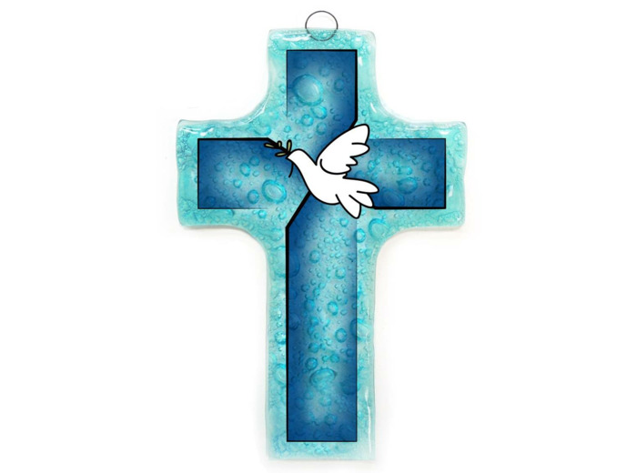Croix en verre 8x12cm- COLOMBE SUR CROIX BULLES bleue