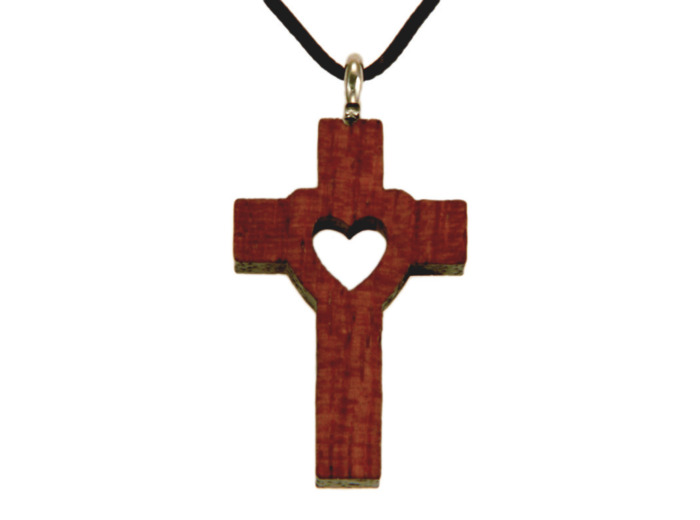 Croix en Bois d'Erable Vernis 3,2cm avec Cordon - COEUR ÉVIDÉ