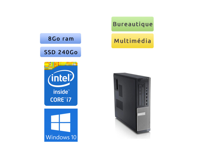 Dell Optiplex 790 DT - Windows 10 - i7 8Go 240Go SSD - Ordinateur Tour Bureautique PC
