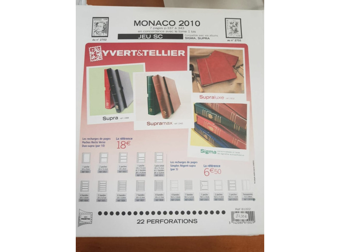 FEUILLE COMPLEMENTAIRE MONACO SC 2010 (JEUX AVEC POCHETTE) YVERT ET TELLIER