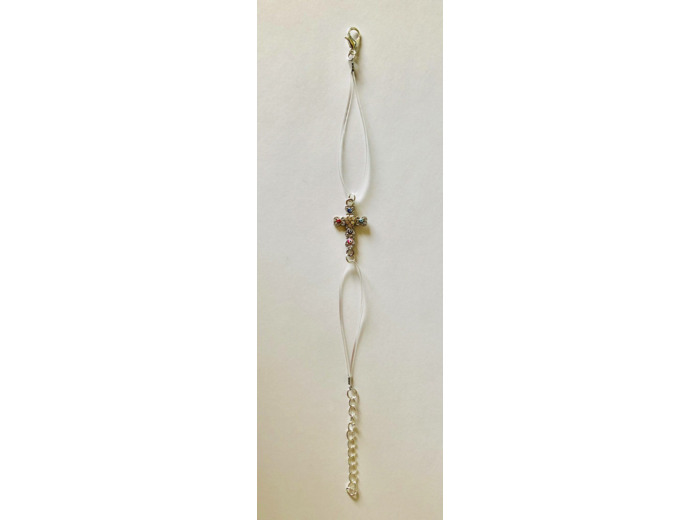 Bracelet métal argenté/fil transparent - croix strass blancs et émail