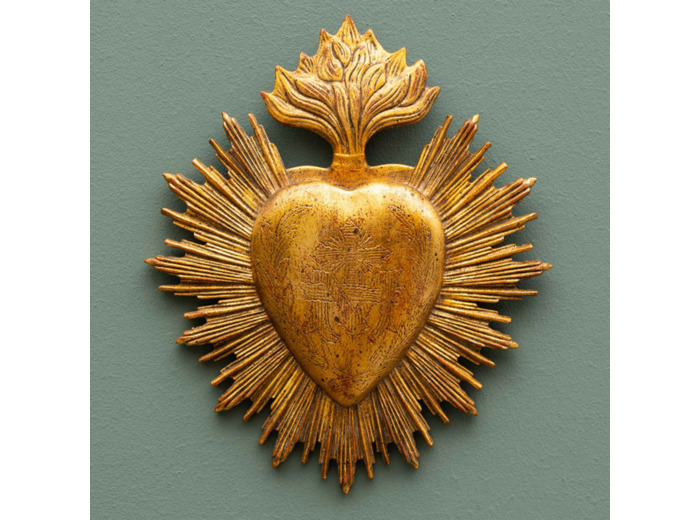 Ex-voto coeur  flamme résine doré 24x21x1cm