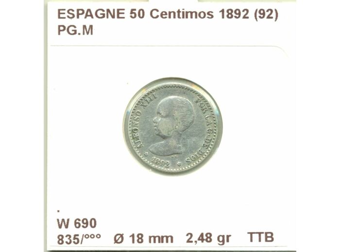 ESPAGNE 50 CENTIMOS  1892 (92) PG.M TTB