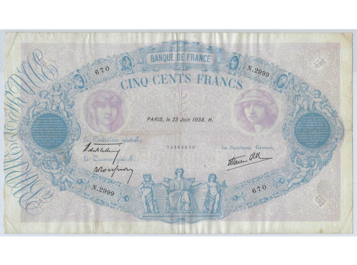 FRANCE 500 FRANCS BLEU ET ROSE 23 JUIN 1938 N.2999 TTB