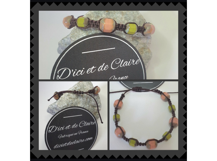 Bracelet Shamballa 9 perles verre vert et vieux rose