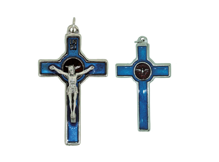 Crucifix en Métal Argenté avec Email Bleu 8cm - CHRIST ET ESPRIT