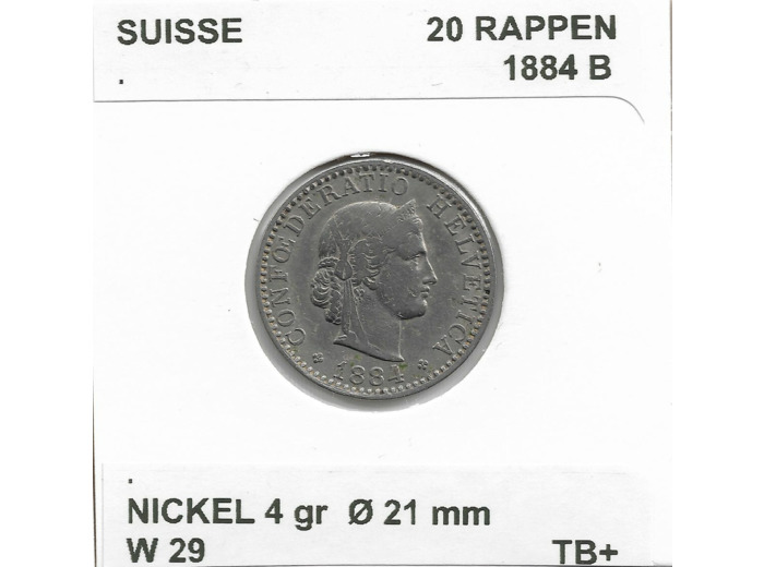 SUISSE 20 RAPPEN 1884 B TB+