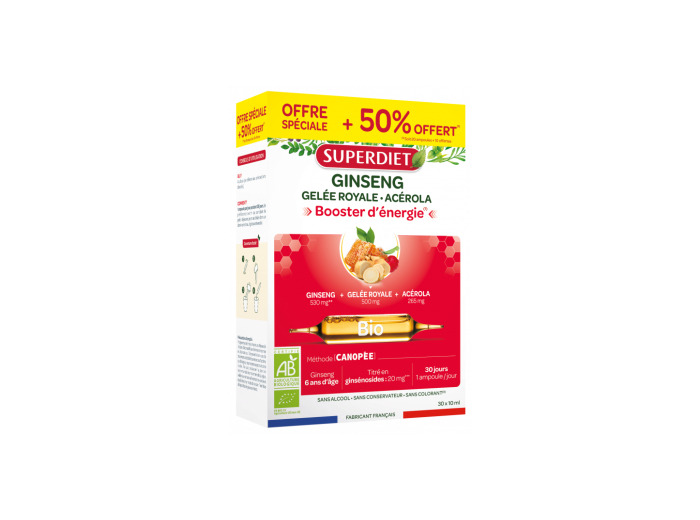 Ginseng Acérola Gelée Royale Bio 20 ampoules +50% gratuit