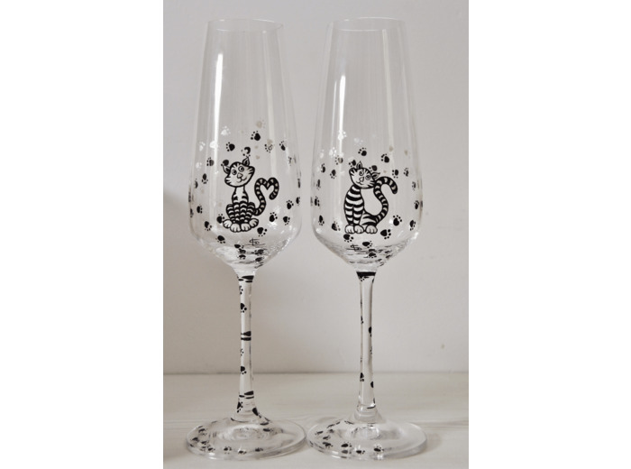 Duo de flutes à champagne en cristal peintes à la main  et personnalisables sur le thème des chats, pièces originales et uniques
