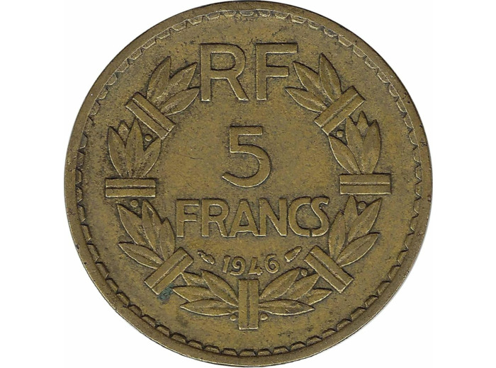 FRANCE 5 FRANCS LAVRILLIER CUPRO ALU 1946 TB+ taches