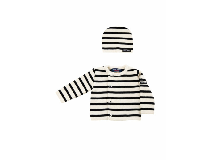 Brassière et bonnet naissance rayé, en laine mélangée