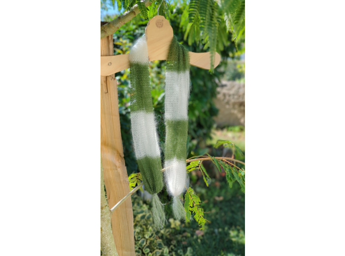 Foulard PLUME à pompons - Kaki + écru