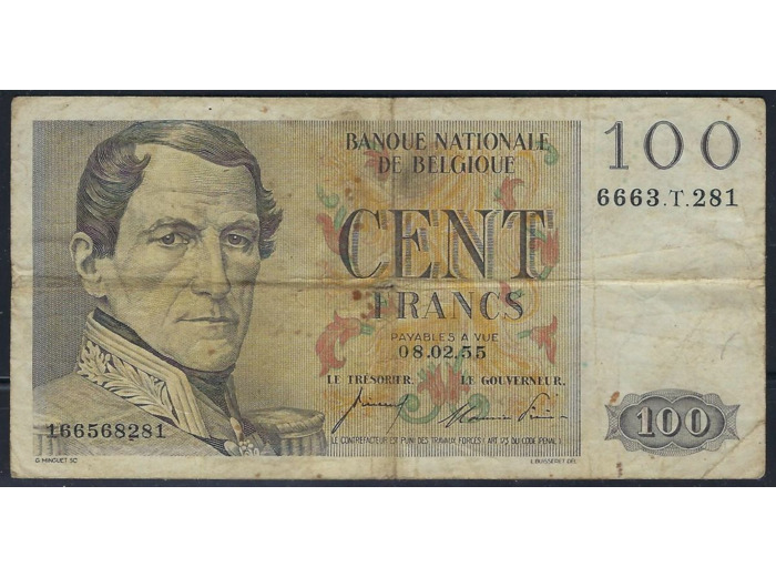 BELGIQUE 100 FRANCS 08.02.55 1955 T.281 TB+