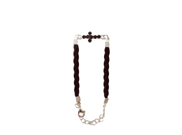 Bracelet métal argenté /simili cuir noir - croix strass noirs