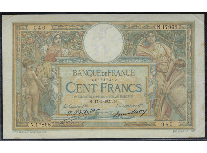 FRANCE 100 FRANCS MERSON sans LOM 17-5-1927 N.17868 TTB (F24/06)