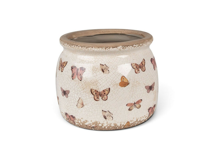 Pot de fleurs d'intérieur beige à papillons 16x13cm