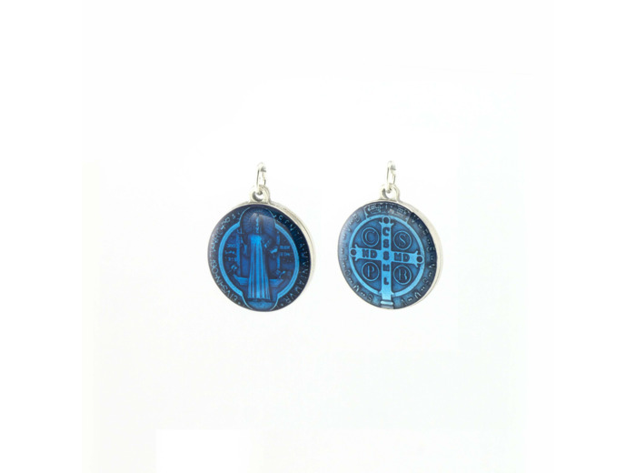 Médaille argentée résine bleue diam. 20mm - St Benoît