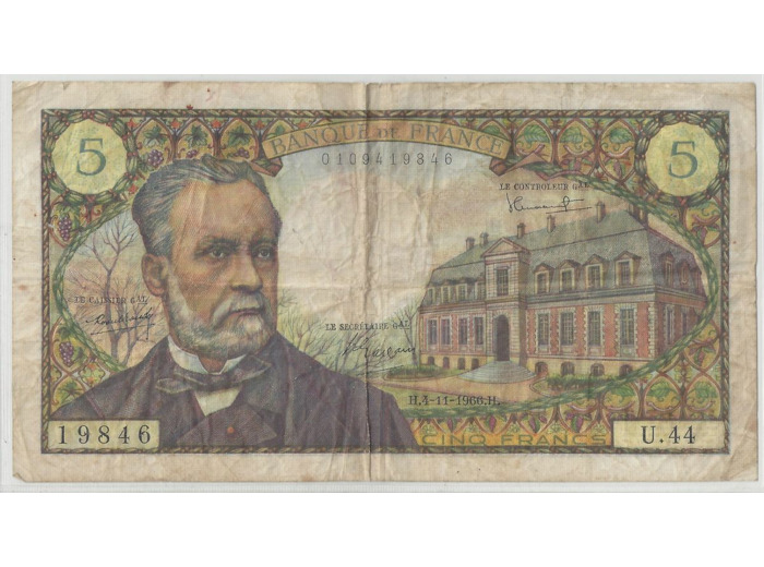 FRANCE 5 FRANCS PASTEUR 04/11/1966 U.44 TB+