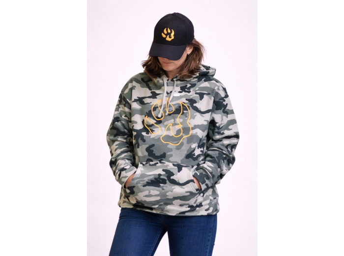 Sweat à capuche camouflage logo "patte de chien" jaune