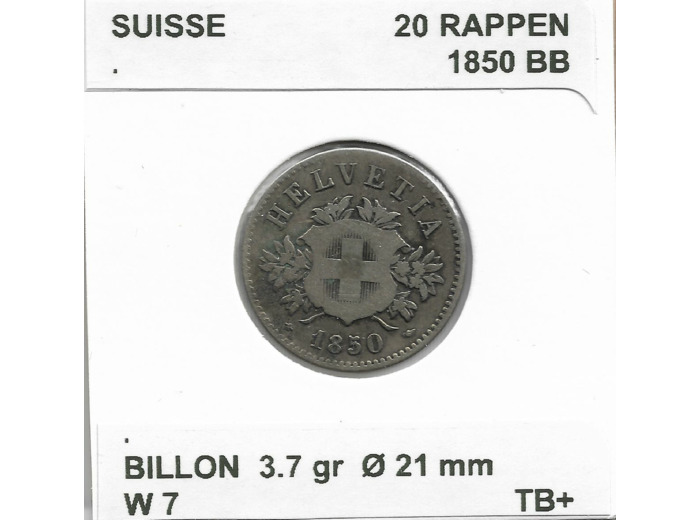 SUISSE 20 RAPPEN 1850 BB TB+