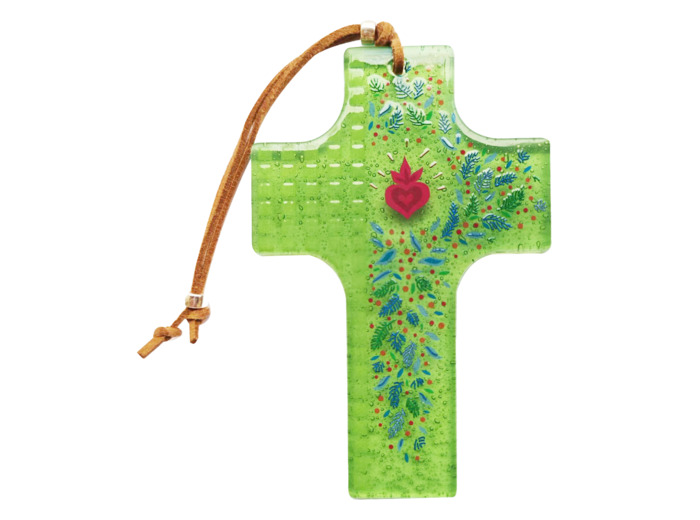 Croix en verre 8x12cm- COEUR SACRE crayonné