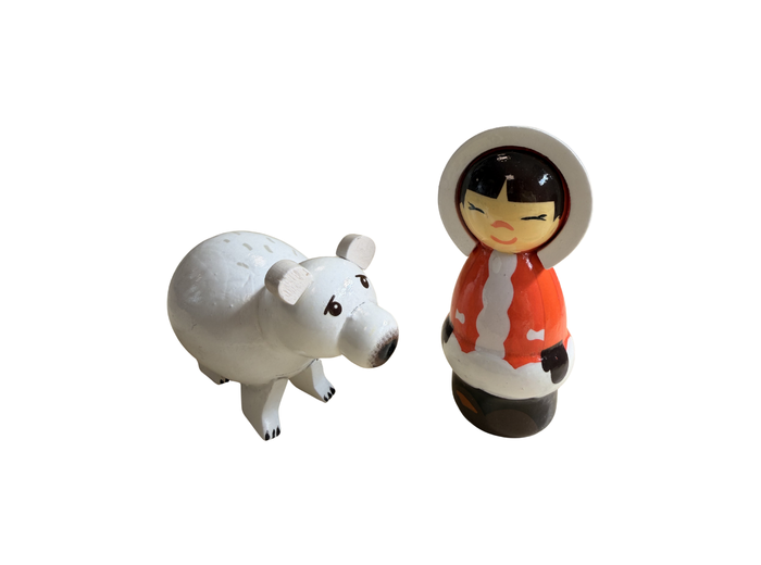 Esquimau et Ours en bois tourné 10cm + boite