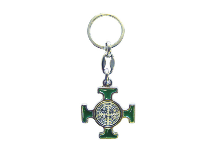 Porte-Clefs Saint Benoît en Métal Argenté avec Email - VERT